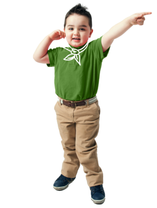 Boy in superhero cape, pointing